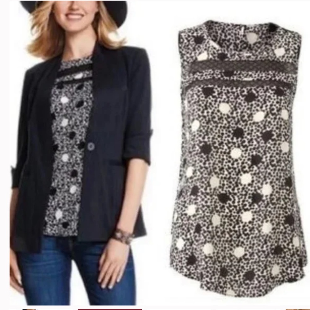 CABI Dot Top Sleeveless Blouse Black White Geometric Print SM